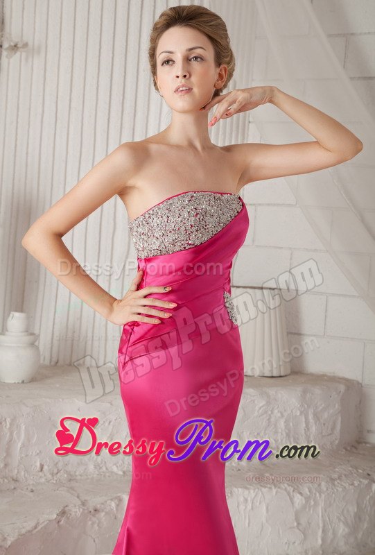 Wonderful Hot Pink Mermaid Strapless Brush Train Beading Prom Dress