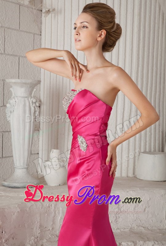 Wonderful Hot Pink Mermaid Strapless Brush Train Beading Prom Dress