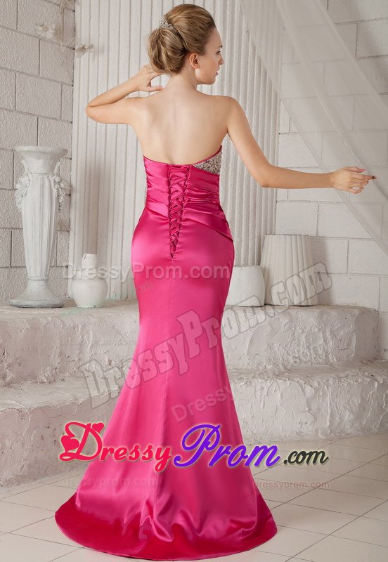 Wonderful Hot Pink Mermaid Strapless Brush Train Beading Prom Dress