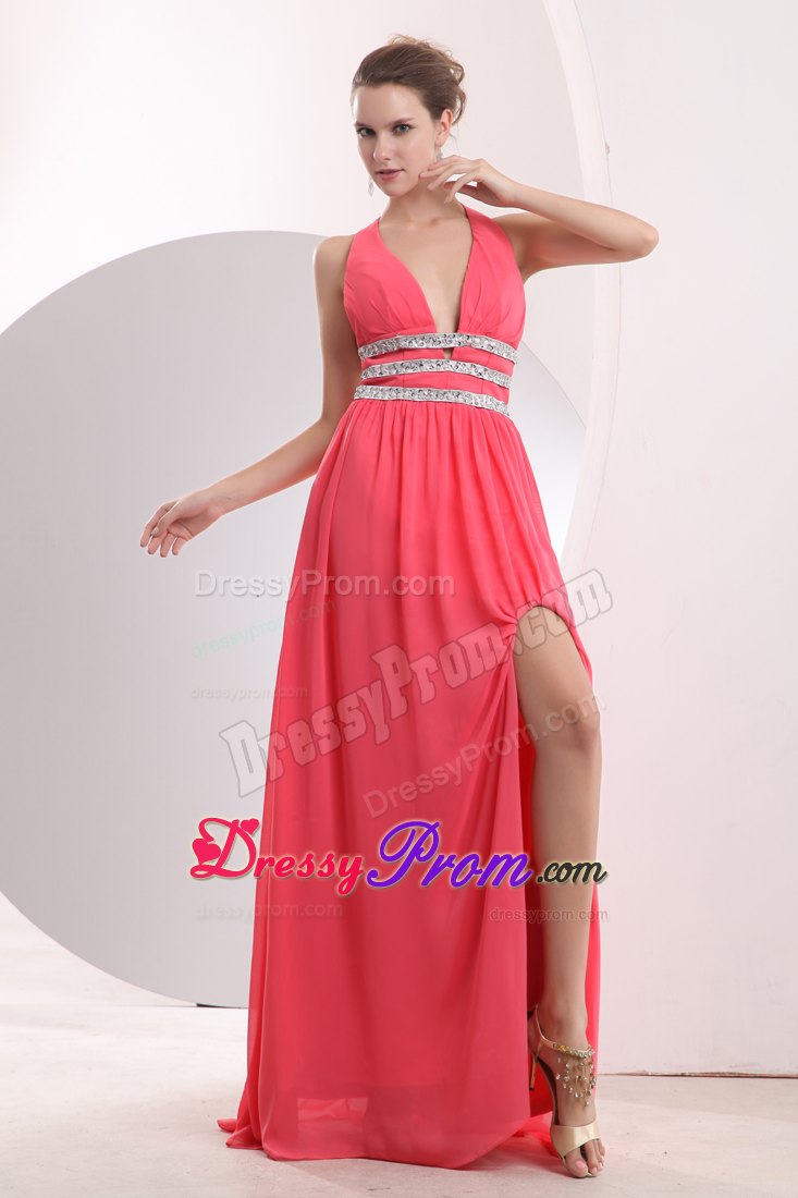 Halter Sexy Watermelon Red Empire Prom Dress Brush Train Beading