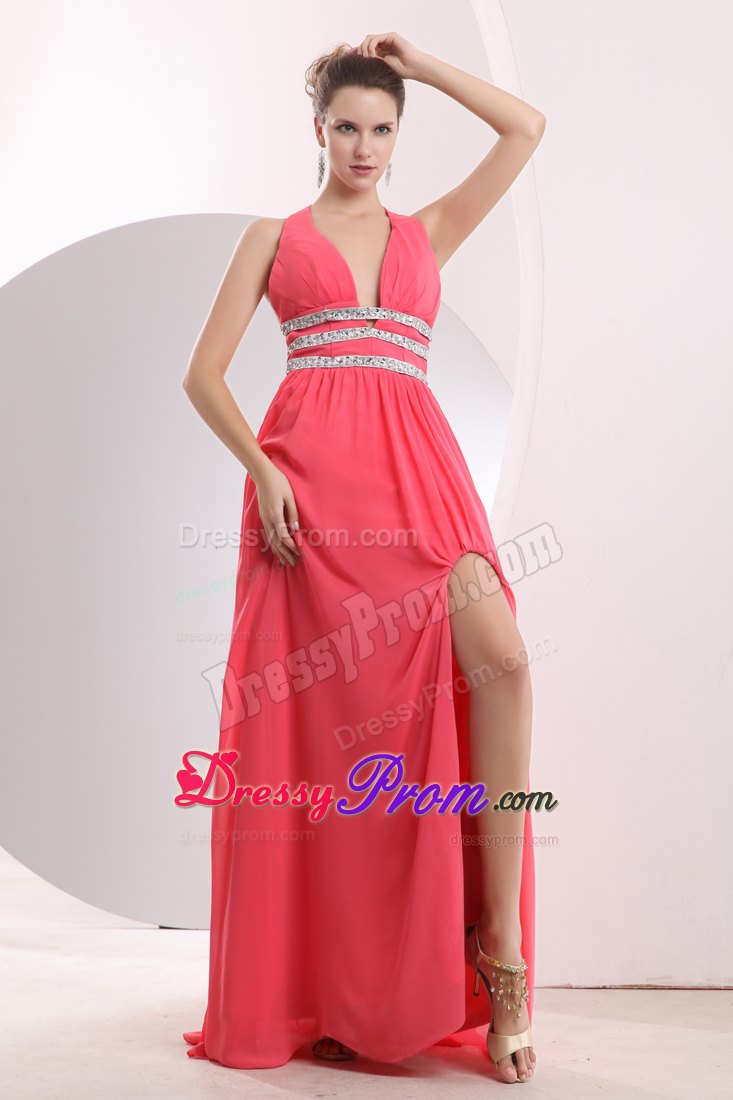 Halter Sexy Watermelon Red Empire Prom Dress Brush Train Beading