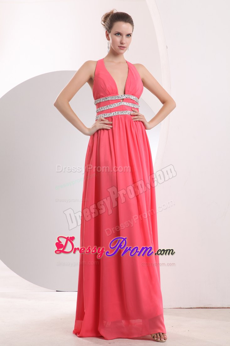 Halter Sexy Watermelon Red Empire Prom Dress Brush Train Beading