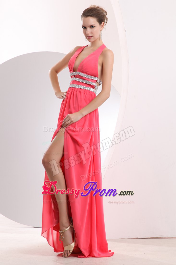 Halter Sexy Watermelon Red Empire Prom Dress Brush Train Beading