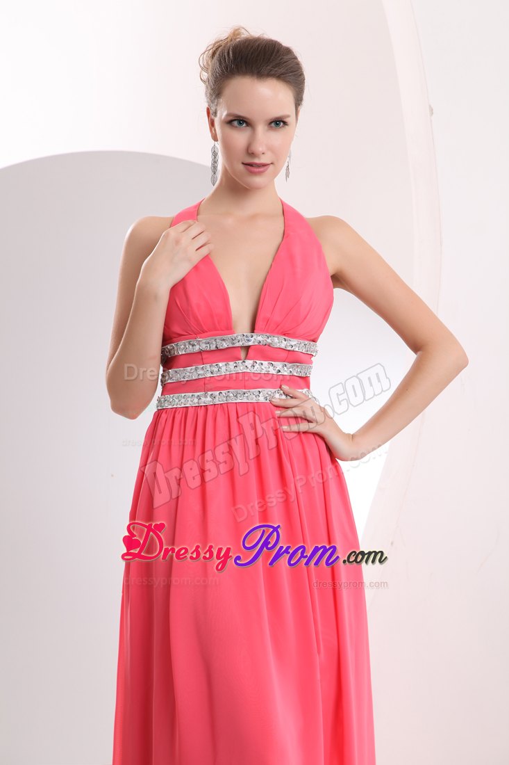 Halter Sexy Watermelon Red Empire Prom Dress Brush Train Beading