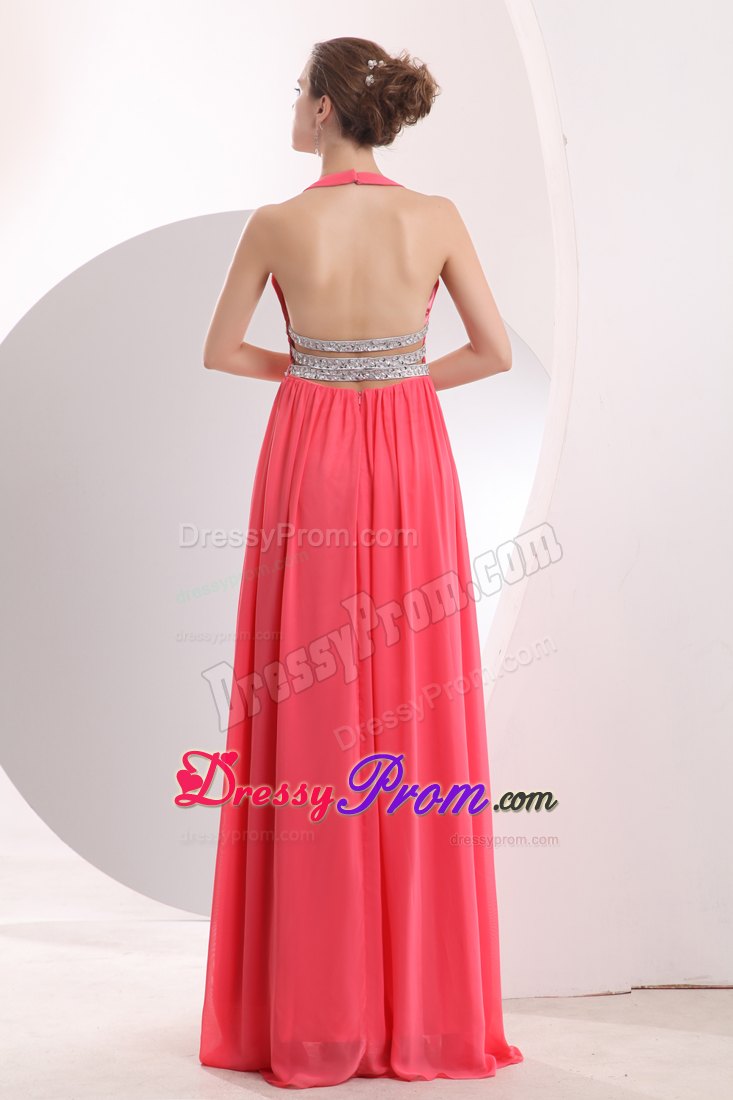 Halter Sexy Watermelon Red Empire Prom Dress Brush Train Beading