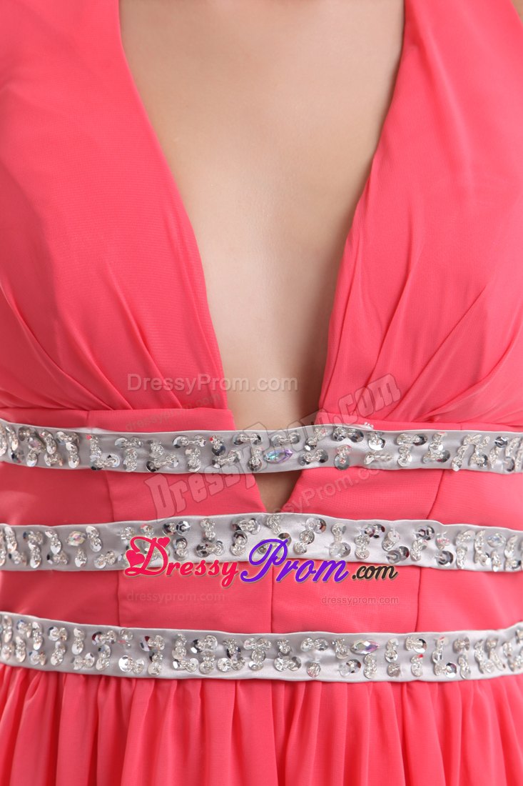 Halter Sexy Watermelon Red Empire Prom Dress Brush Train Beading