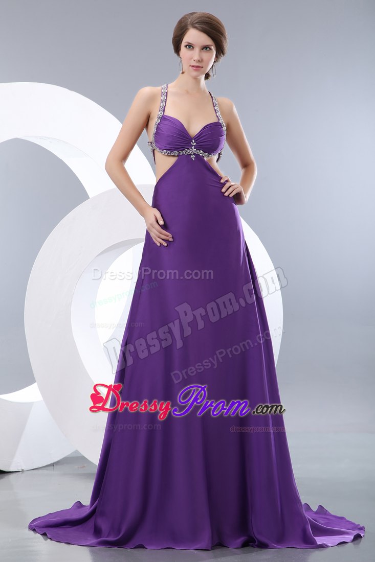 Sexy Purple Empire Straps Cutout Prom Dress Beading Brush Train