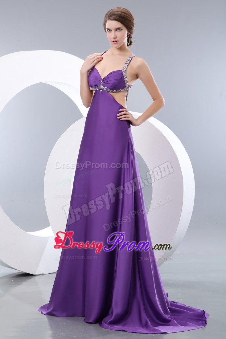Sexy Purple Empire Straps Cutout Prom Dress Beading Brush Train