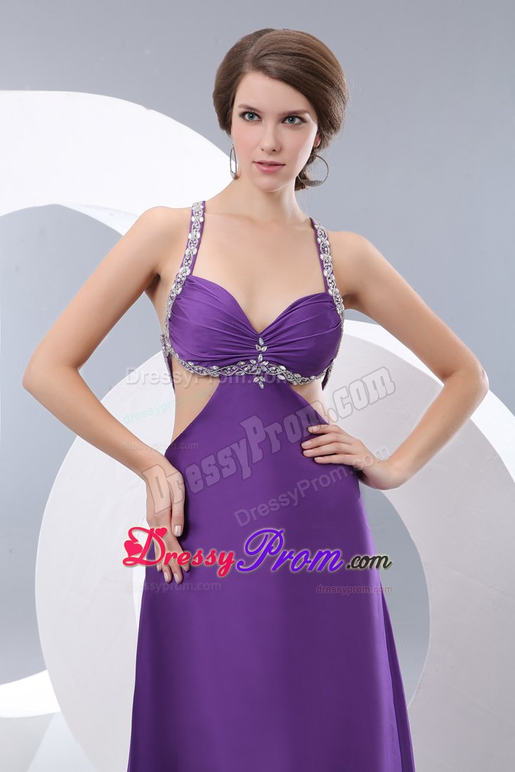 Sexy Purple Empire Straps Cutout Prom Dress Beading Brush Train