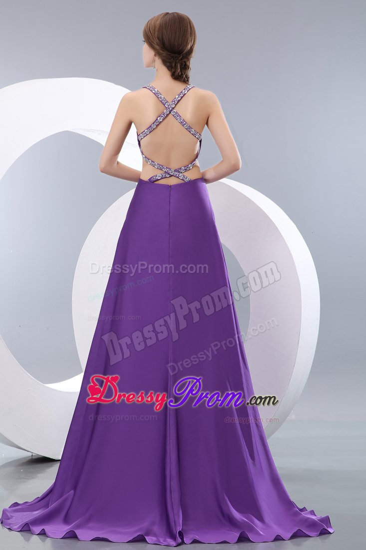 Sexy Purple Empire Straps Cutout Prom Dress Beading Brush Train