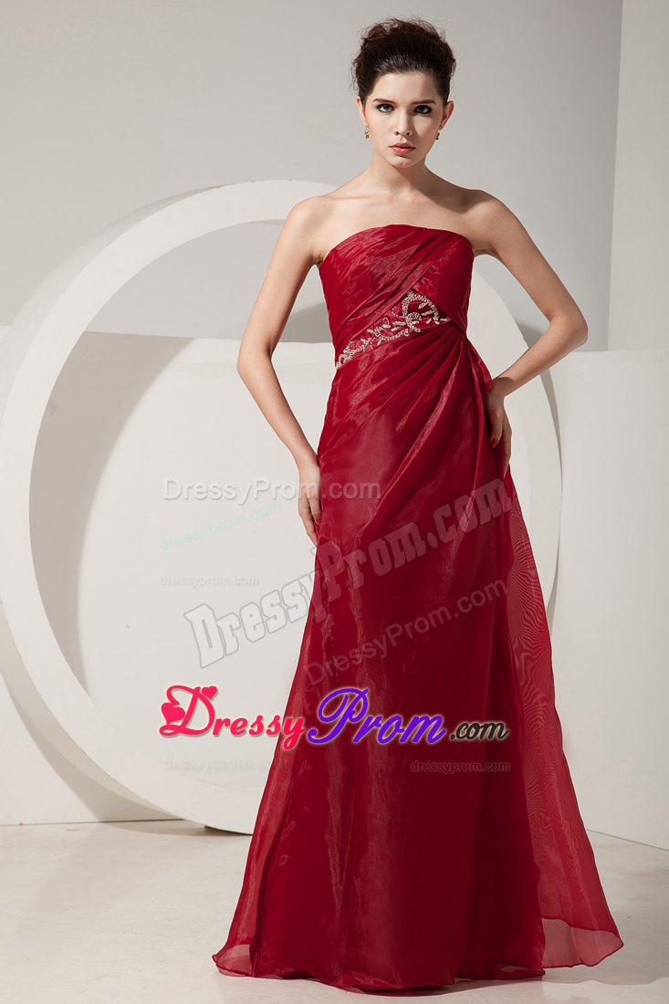 Empire Strapless Wine Red Prom Dress Beading and Ruching Organza