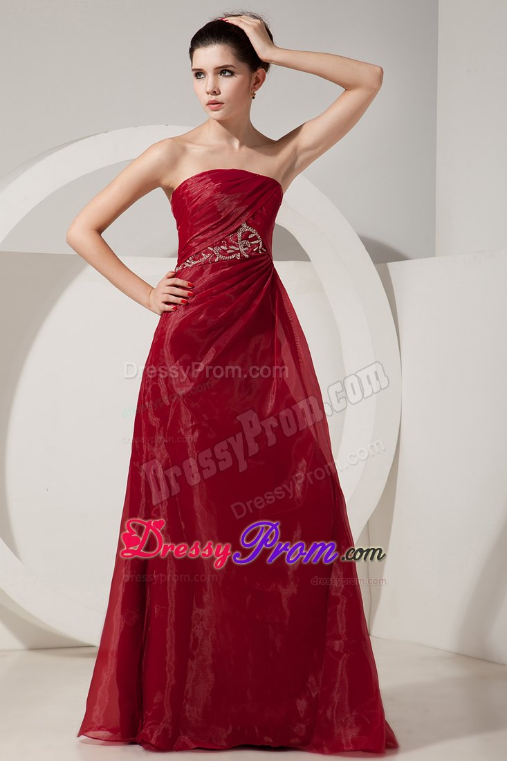 Empire Strapless Wine Red Prom Dress Beading and Ruching Organza