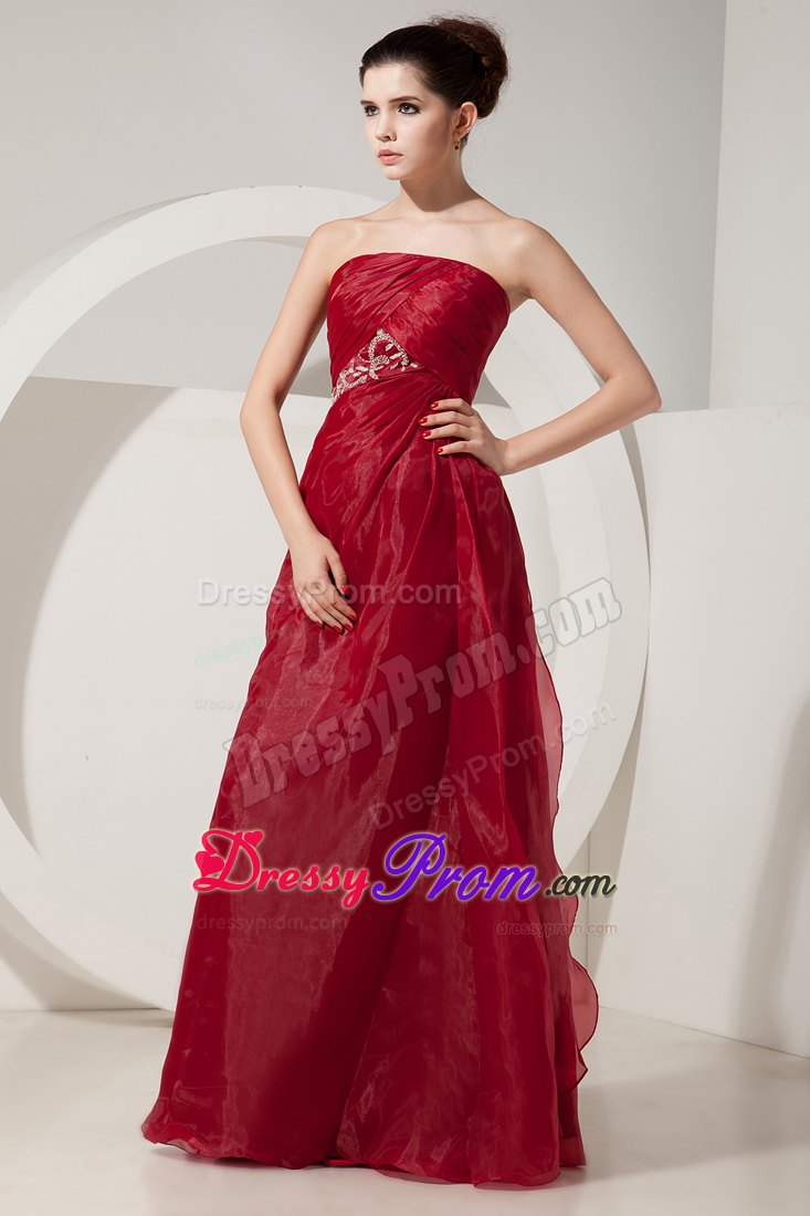 Empire Strapless Wine Red Prom Dress Beading and Ruching Organza