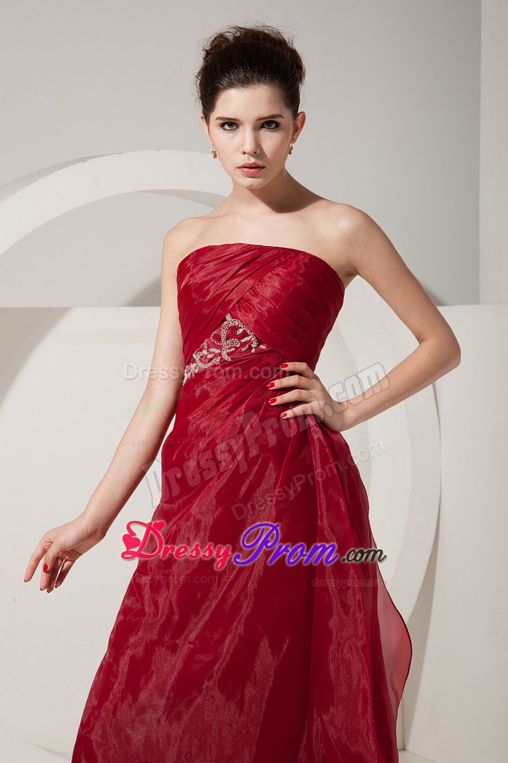 Empire Strapless Wine Red Prom Dress Beading and Ruching Organza