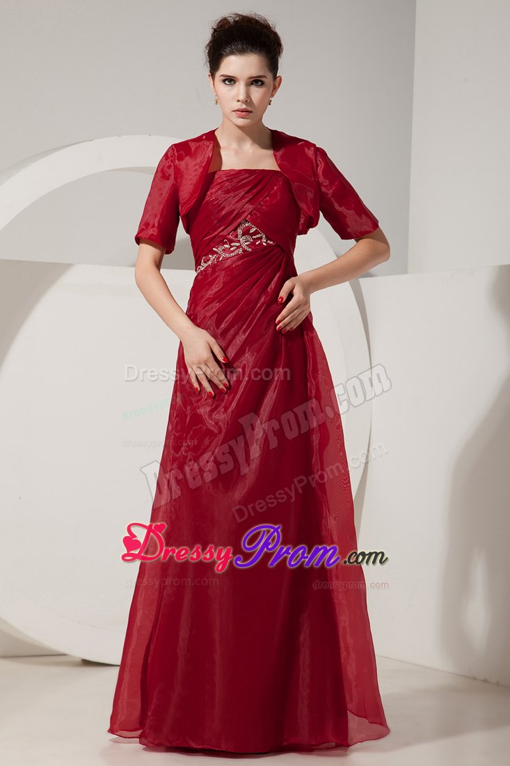 Empire Strapless Wine Red Prom Dress Beading and Ruching Organza