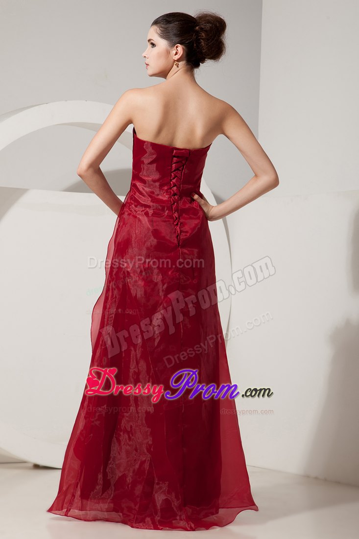 Empire Strapless Wine Red Prom Dress Beading and Ruching Organza