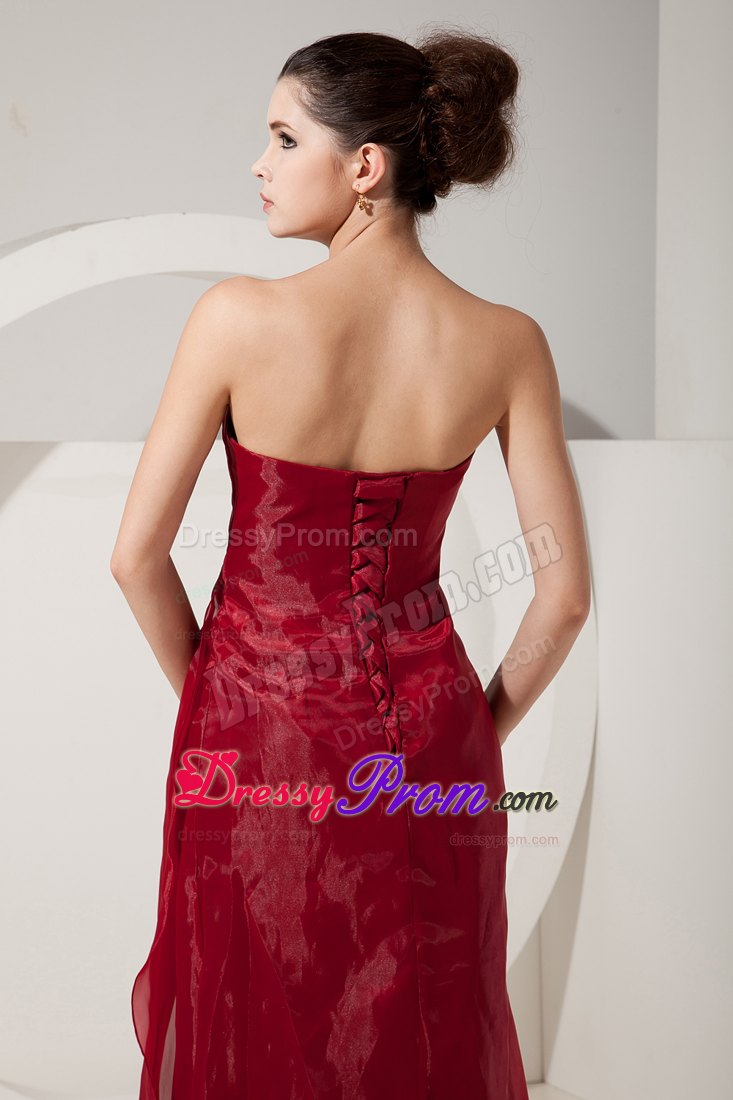 Empire Strapless Wine Red Prom Dress Beading and Ruching Organza