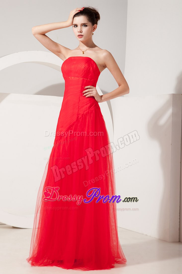Amazing Red Column Strapless Ruched Tulle Prom Dress Floor-length