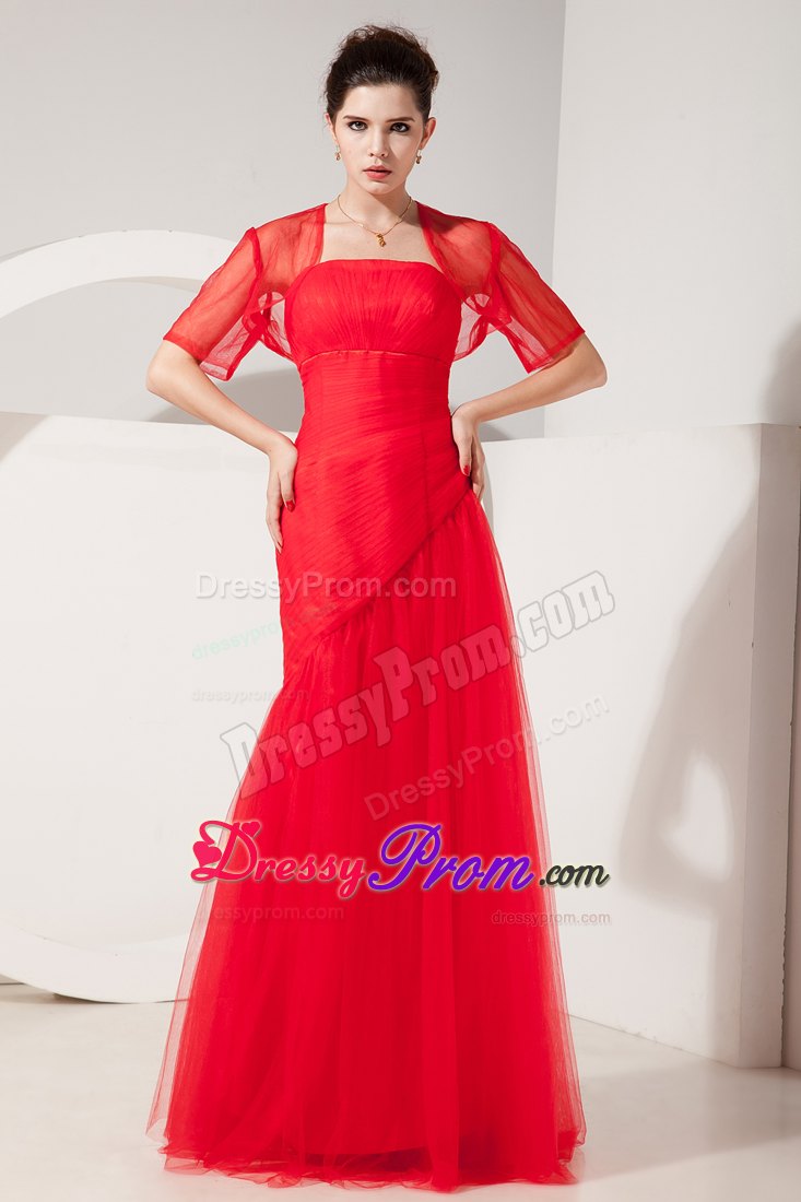 Amazing Red Column Strapless Ruched Tulle Prom Dress Floor-length