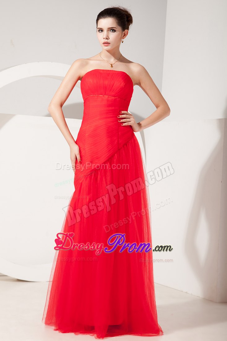 Amazing Red Column Strapless Ruched Tulle Prom Dress Floor-length