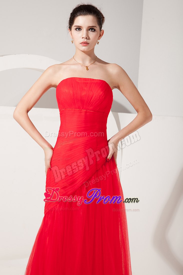 Amazing Red Column Strapless Ruched Tulle Prom Dress Floor-length