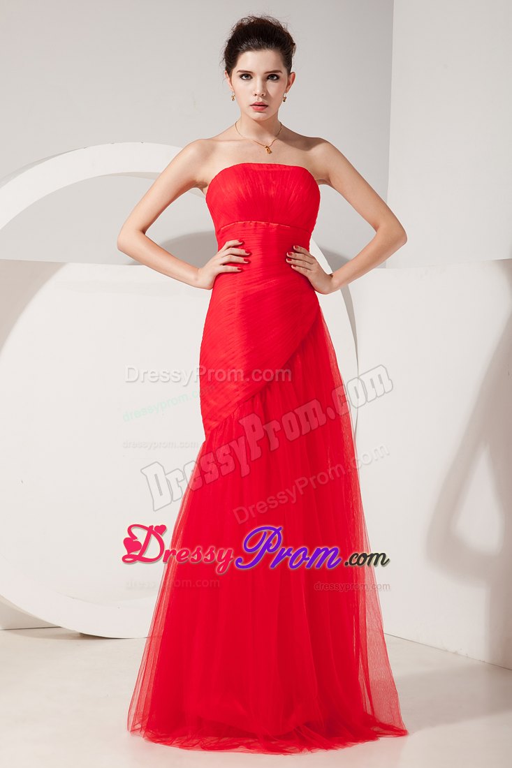 Amazing Red Column Strapless Ruched Tulle Prom Dress Floor-length