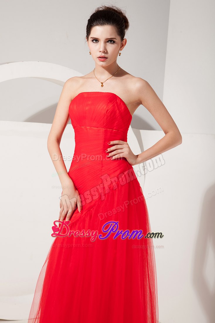 Amazing Red Column Strapless Ruched Tulle Prom Dress Floor-length