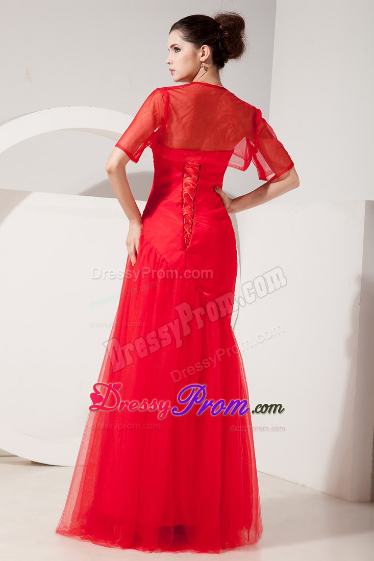 Amazing Red Column Strapless Ruched Tulle Prom Dress Floor-length