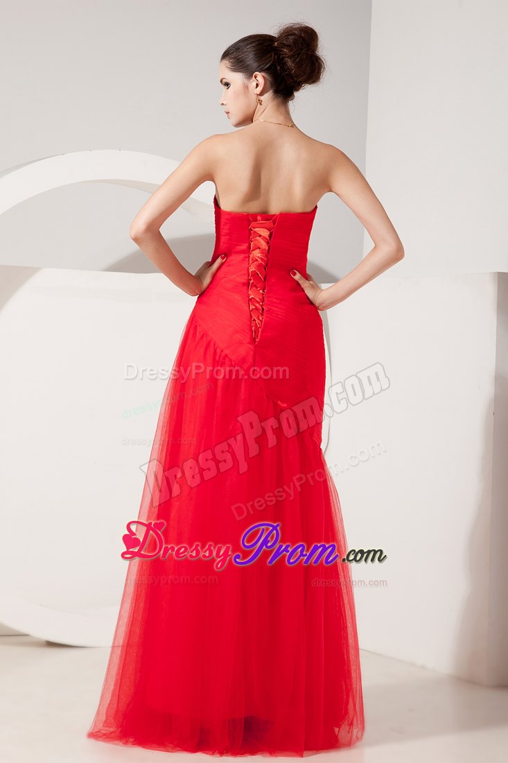 Amazing Red Column Strapless Ruched Tulle Prom Dress Floor-length