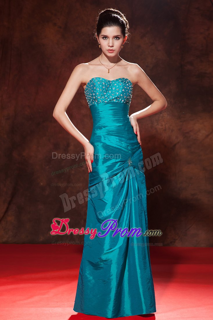 Teal Column Sweetheart Taffeta Prom Dress with Beading and Ruching
