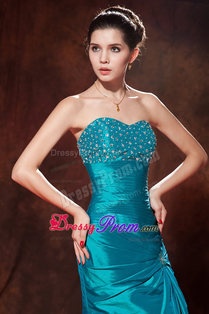 Teal Column Sweetheart Taffeta Prom Dress with Beading and Ruching