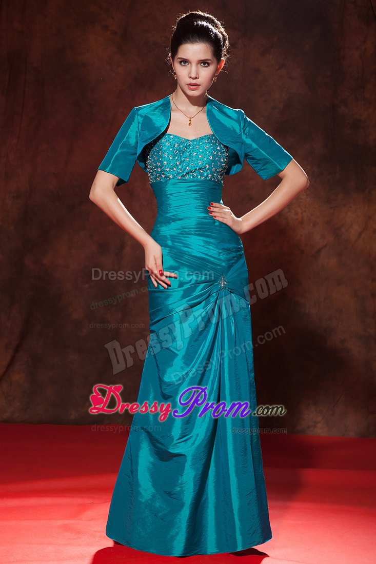 Teal Column Sweetheart Taffeta Prom Dress with Beading and Ruching