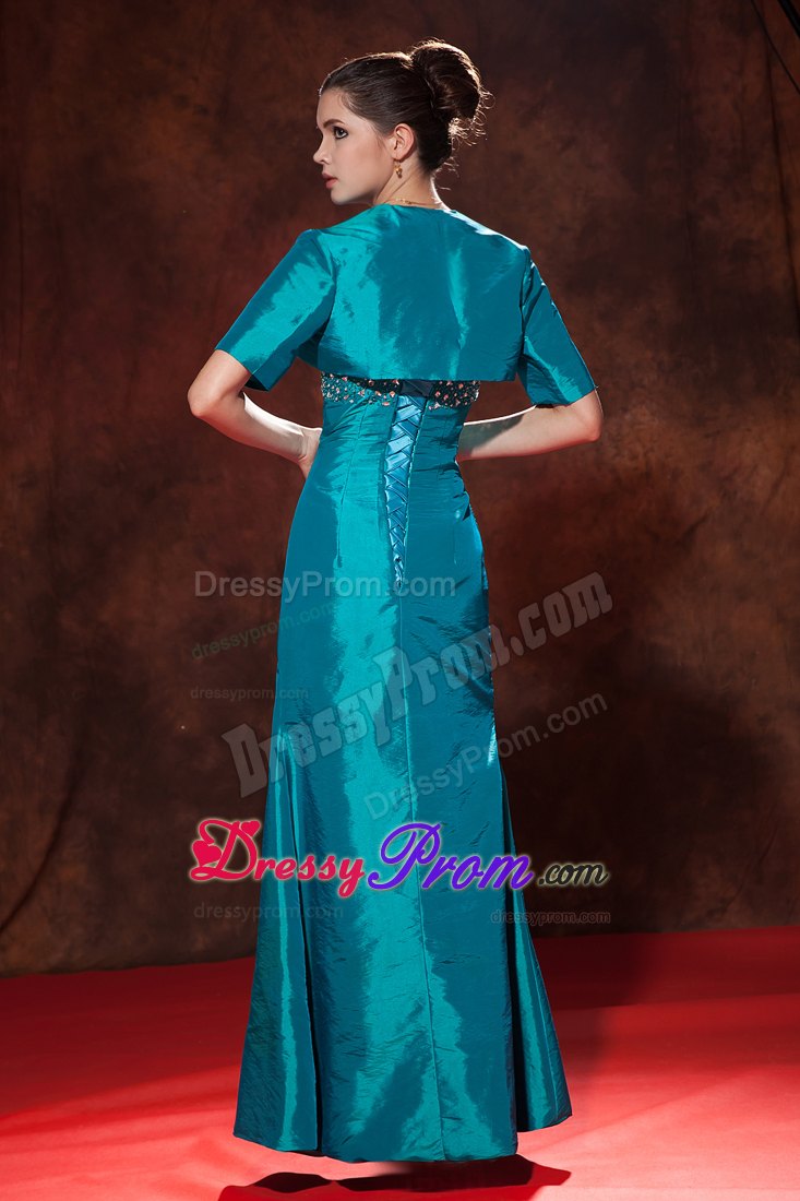 Teal Column Sweetheart Taffeta Prom Dress with Beading and Ruching