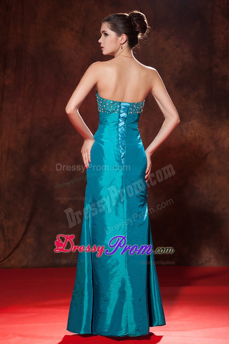 Teal Column Sweetheart Taffeta Prom Dress with Beading and Ruching