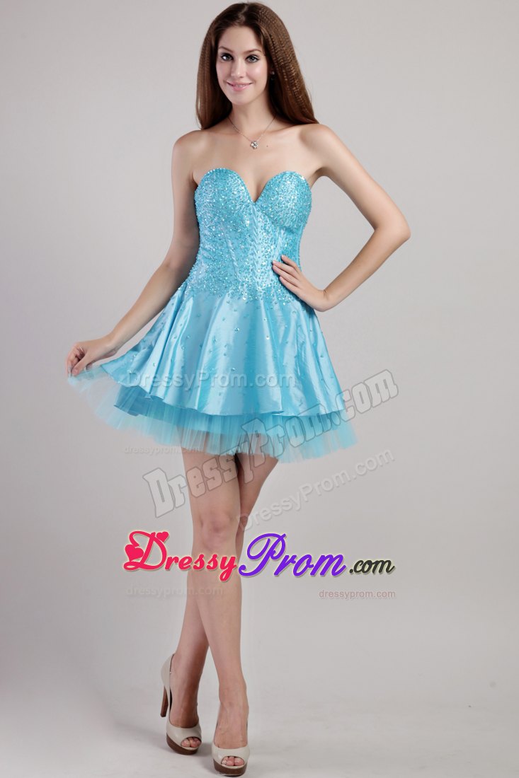 Aqua Blue A-line Sweetheart Mini-length Beading and Sequins Prom Gown