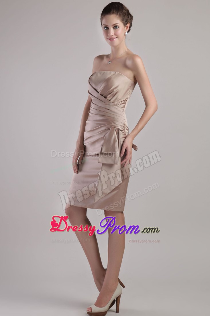 Strapless Chocolate Column Satin Pleats Knee-length Prom Dress