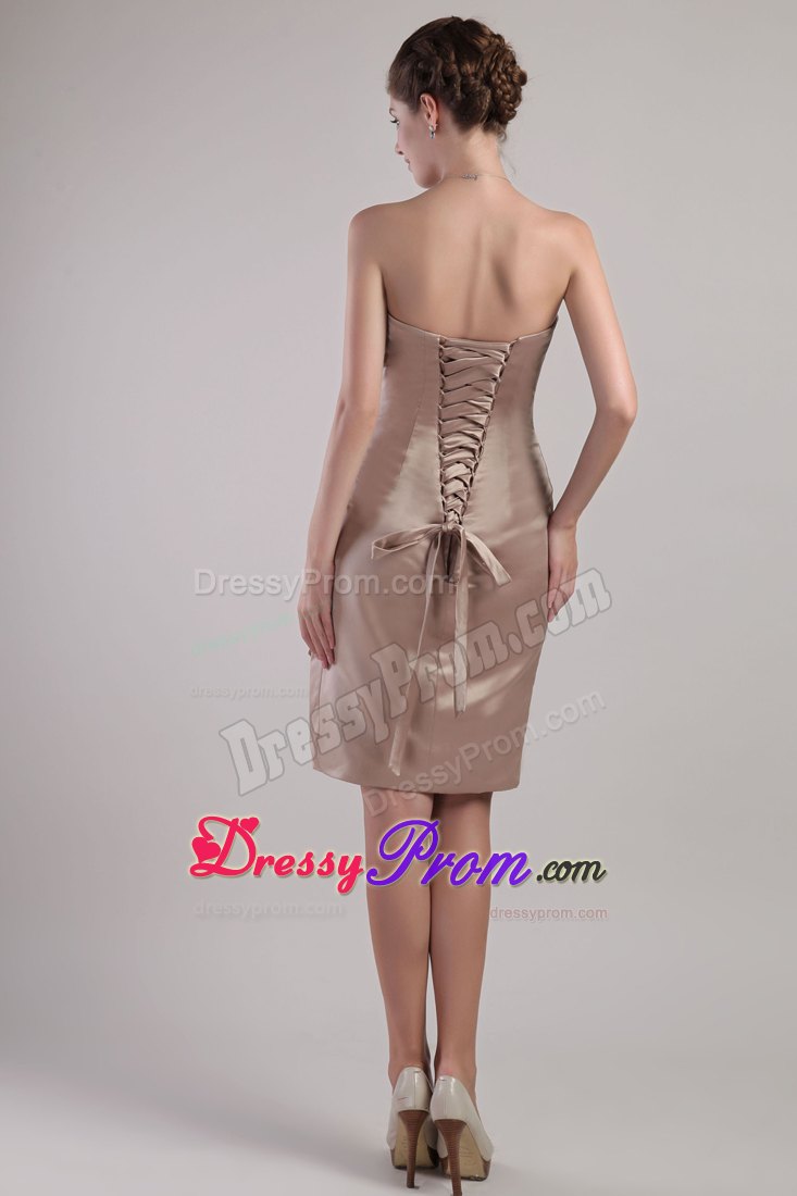 Strapless Chocolate Column Satin Pleats Knee-length Prom Dress