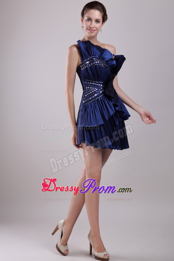 Navy Blue Column Strapless Mini-length Beading Ruching Prom Dress