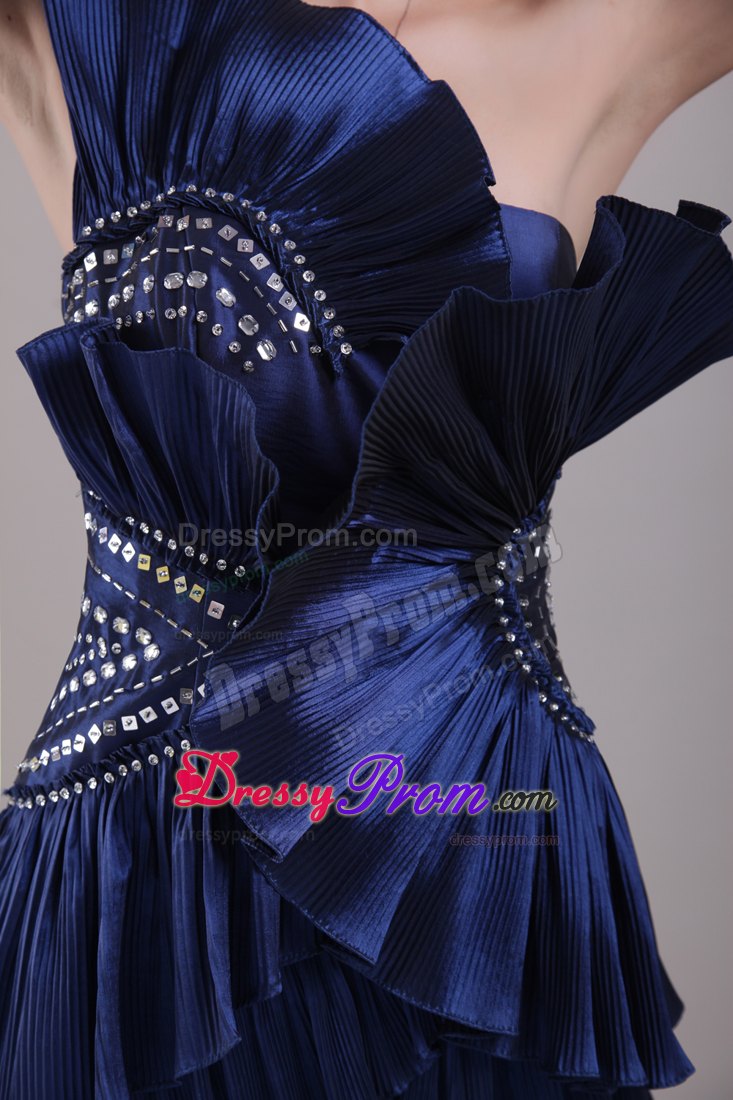 Navy Blue Column Strapless Mini-length Beading Ruching Prom Dress