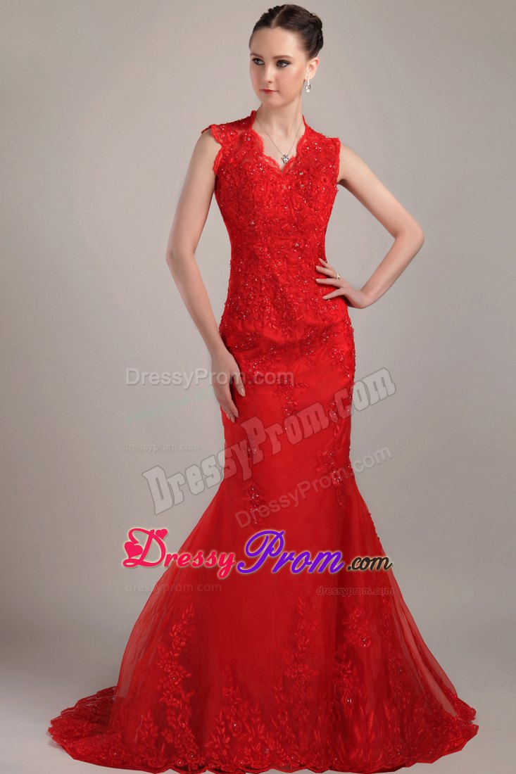 Straps Red Mermaid V-neck Brush Lace Prom Dress With Back Cutout