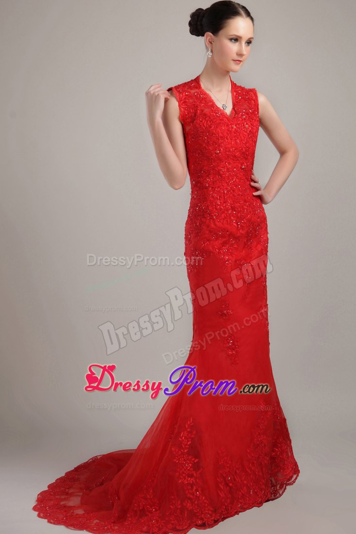 Straps Red Mermaid V-neck Brush Lace Prom Dress With Back Cutout