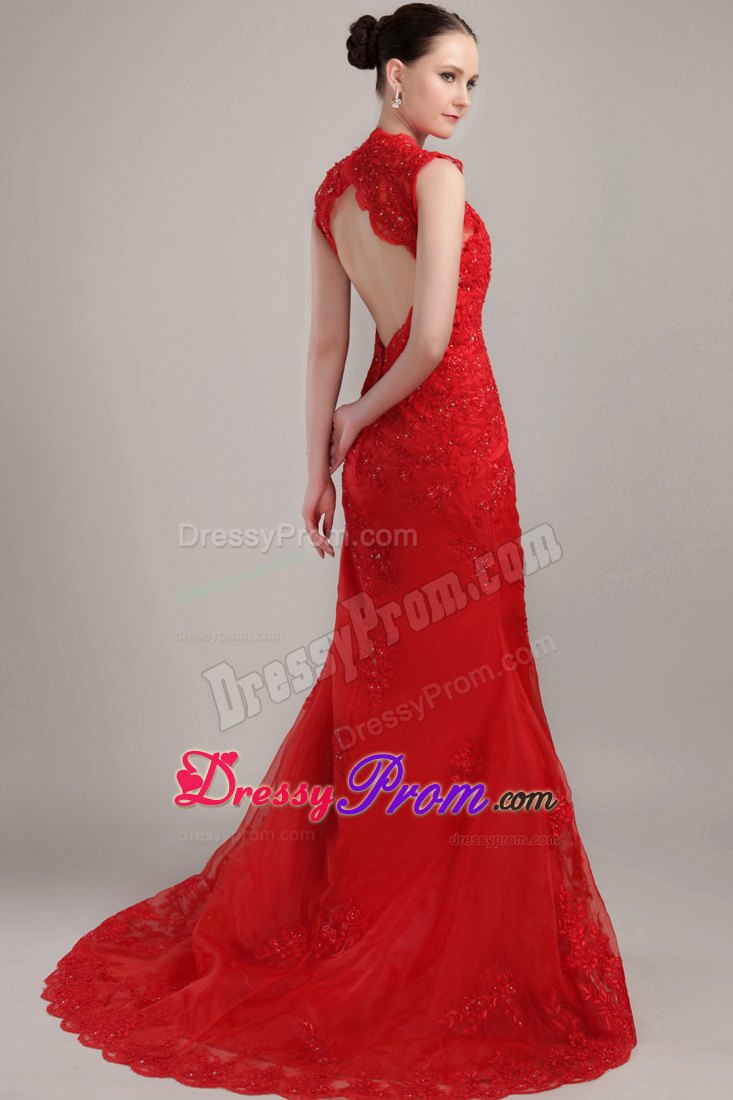 Straps Red Mermaid V-neck Brush Lace Prom Dress With Back Cutout