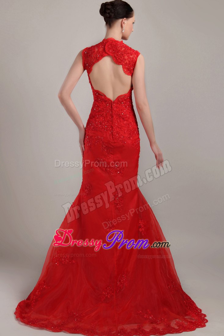 Straps Red Mermaid V-neck Brush Lace Prom Dress With Back Cutout