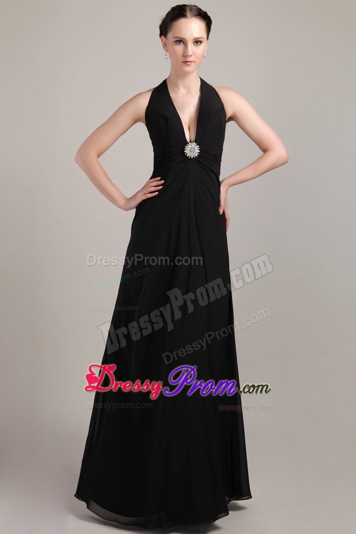Column Halter Black Chiffon Beading and Ruching Prom Dress