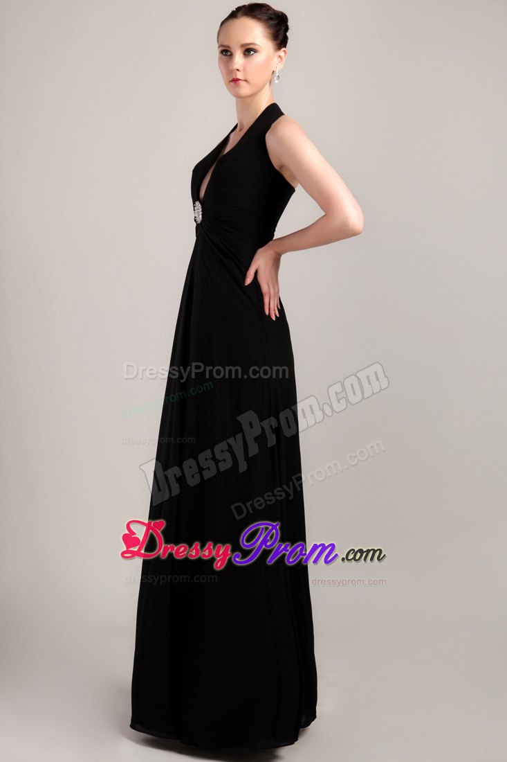 Column Halter Black Chiffon Beading and Ruching Prom Dress