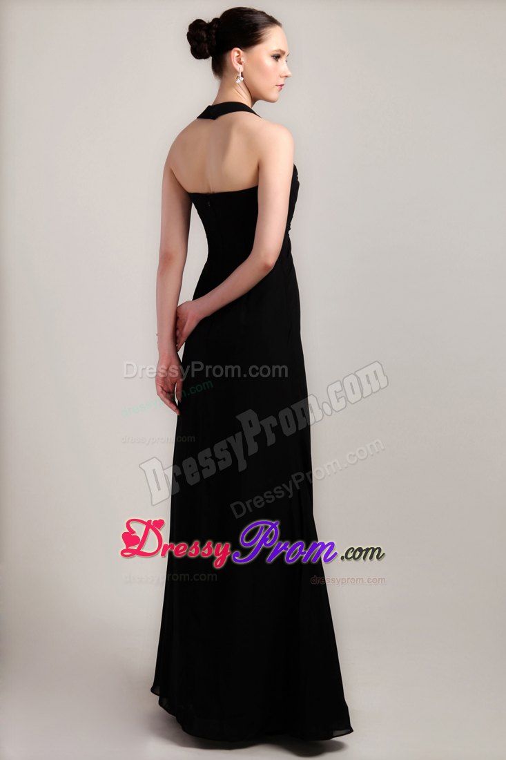 Column Halter Black Chiffon Beading and Ruching Prom Dress
