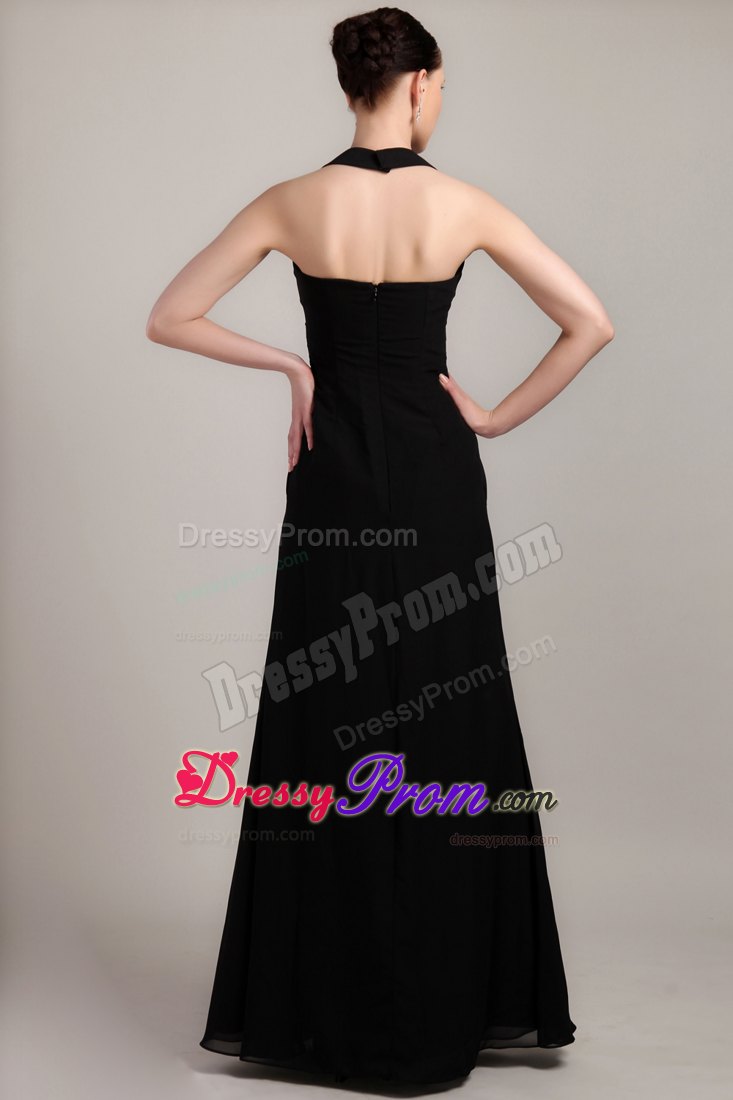 Column Halter Black Chiffon Beading and Ruching Prom Dress