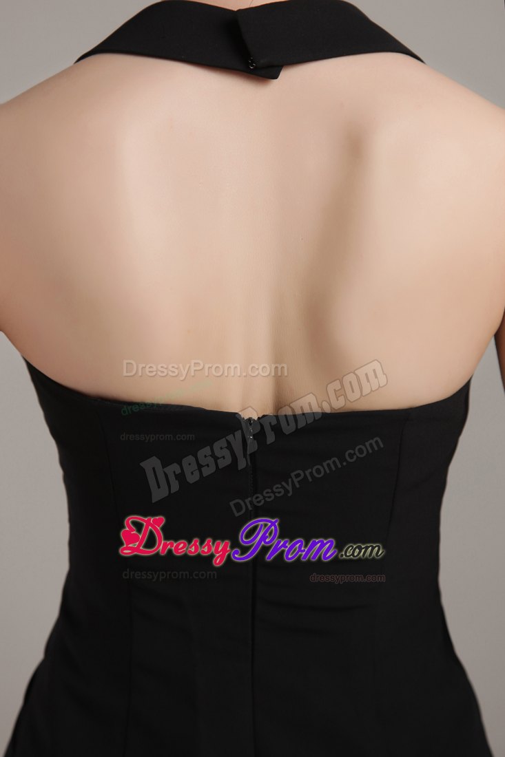 Column Halter Black Chiffon Beading and Ruching Prom Dress