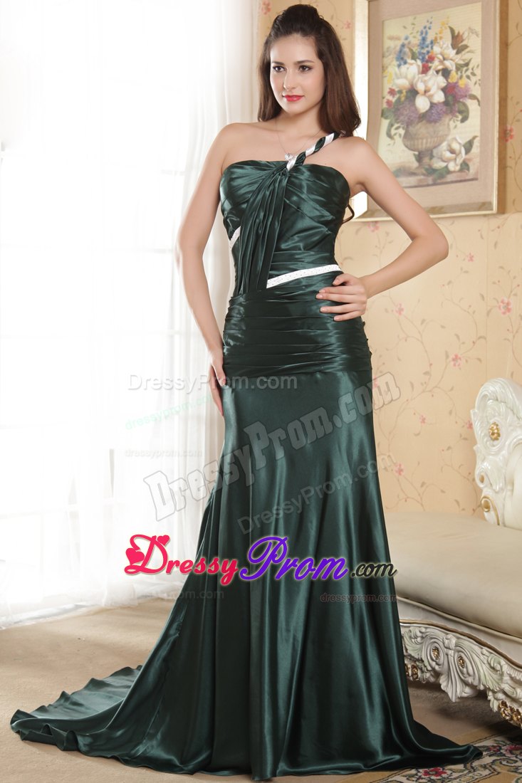 One Shoulder Dark Green Elastic Woven Satin Ruched Prom Dress