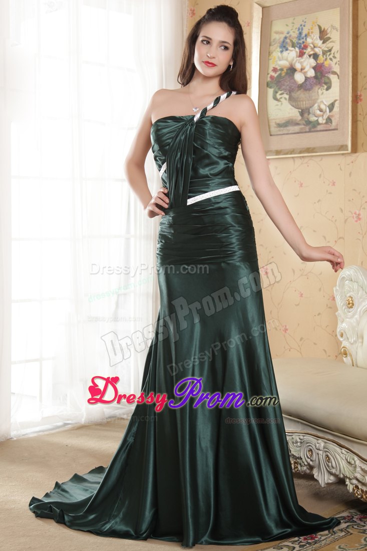 One Shoulder Dark Green Elastic Woven Satin Ruched Prom Dress